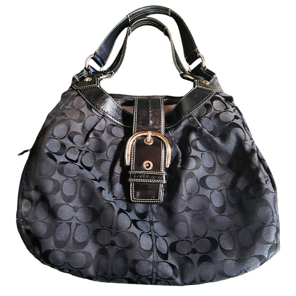 CLASSIC BLACK COACH LOGO FABRIC LEATHER TRIM HOBO SHOULDER BAG WOMEN'S PURSE